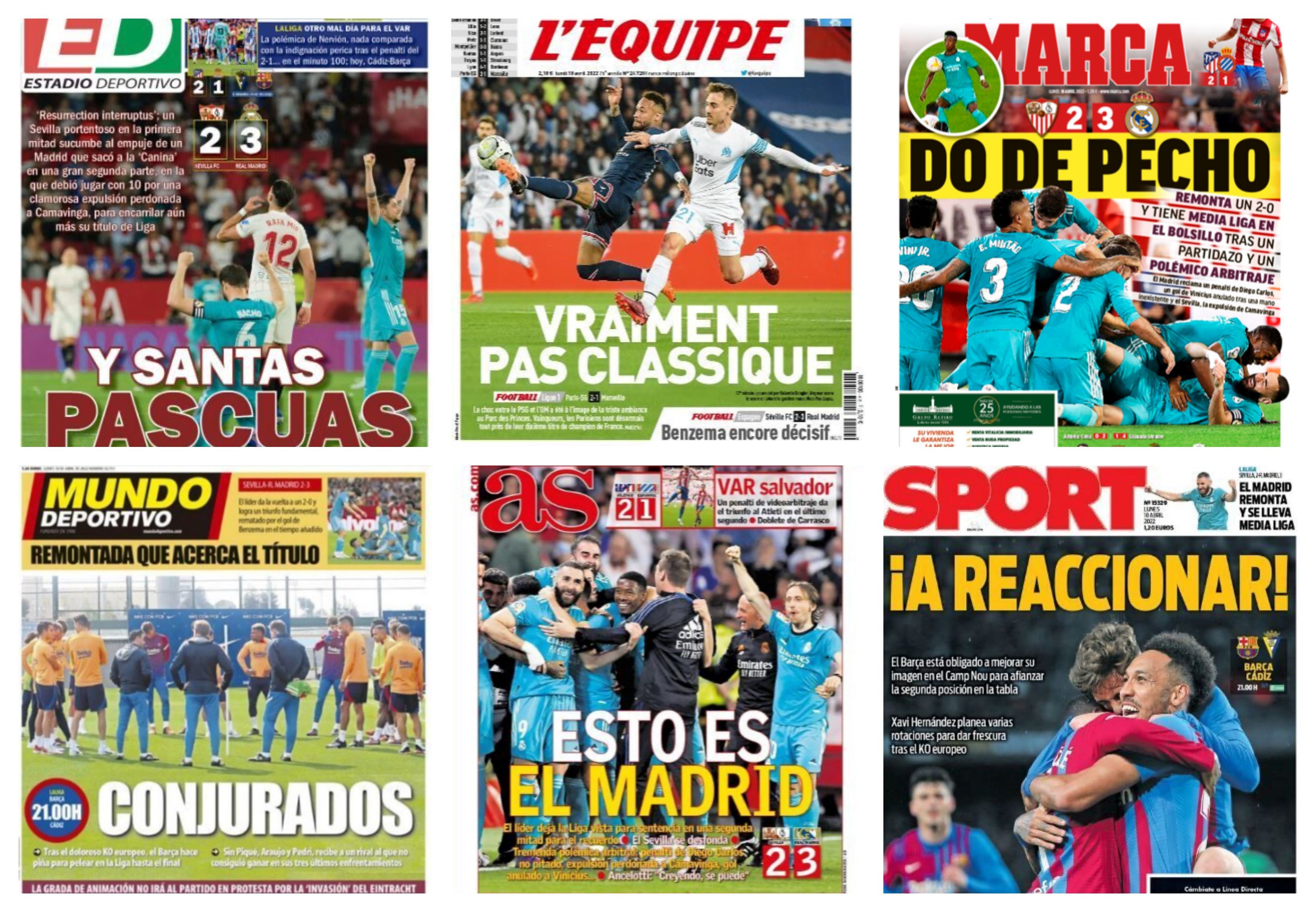 Portadas de la remontada del Madrid ante el Sevilla