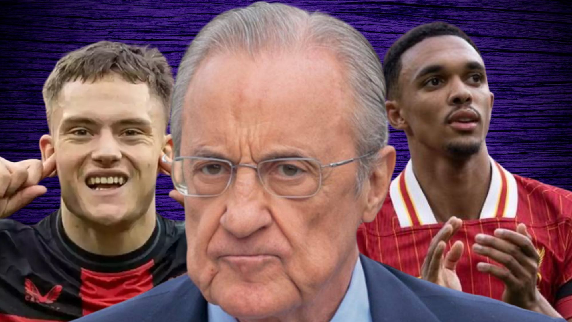 Florentino Pérez, junto a Florian Wirtz y Trent Alexander-Arnold.