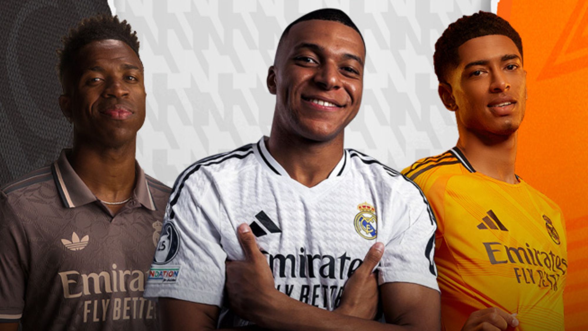 Vinicius, Mbappé y Bellingham con las camisetas de esta temporada.