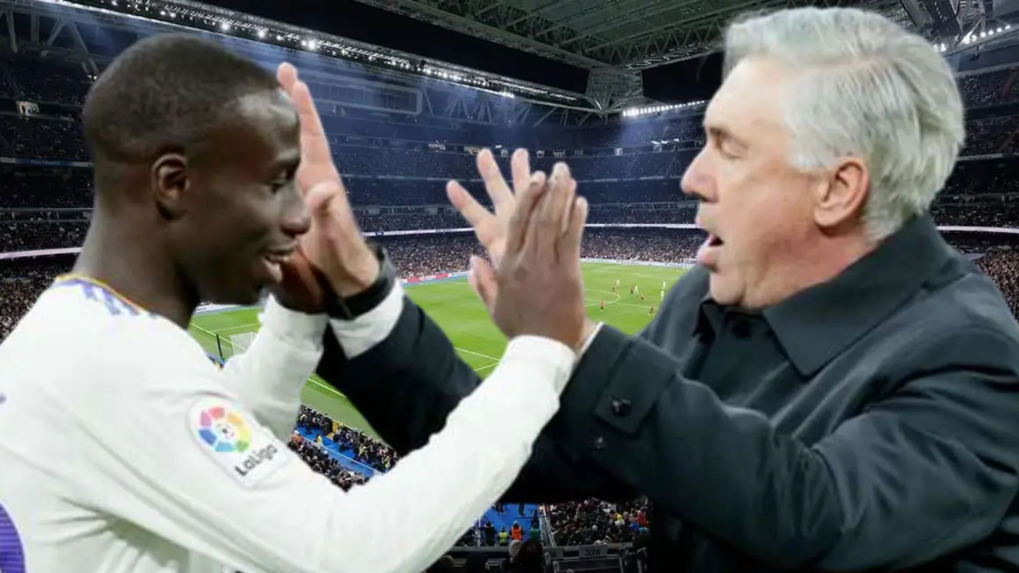 Ferland Mendy y Carlo Ancelotti.