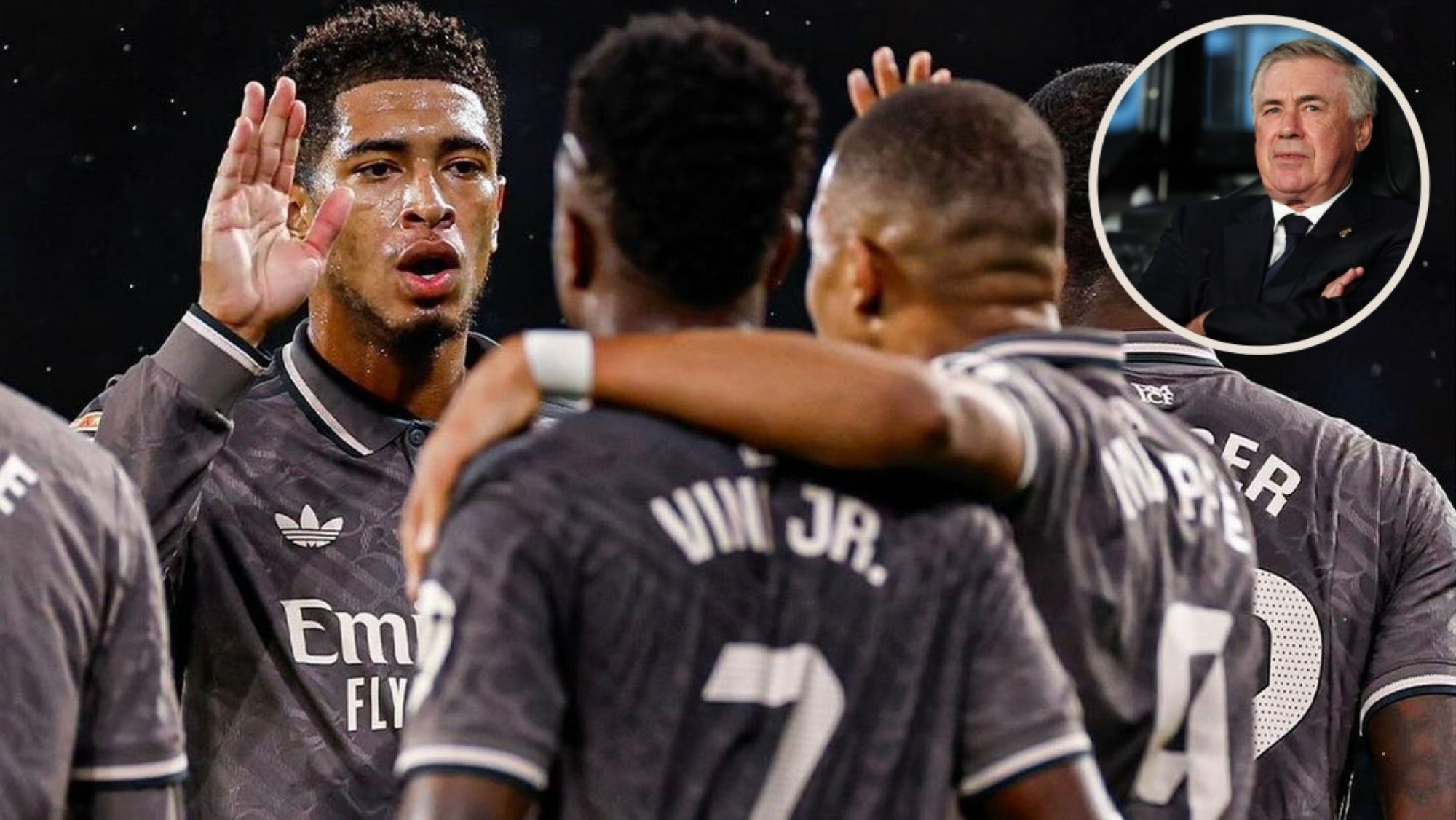 Jude Bellingham, Vinicius y Kylian Mbappé, celebrando un gol en el partido contra el Celta de este sábado.