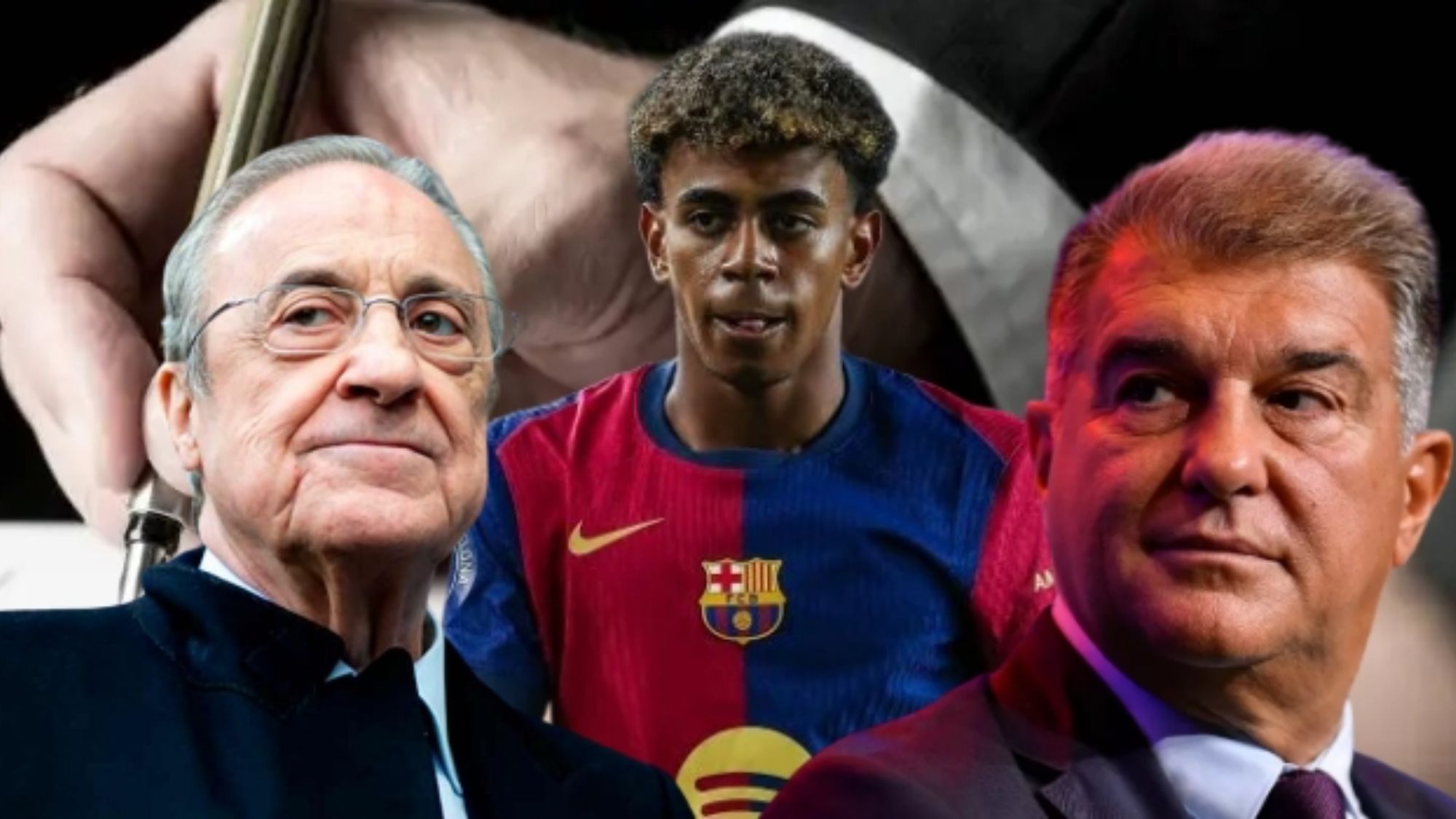 Florentino Pérez, Lamine Yamil y Joan Laporta.