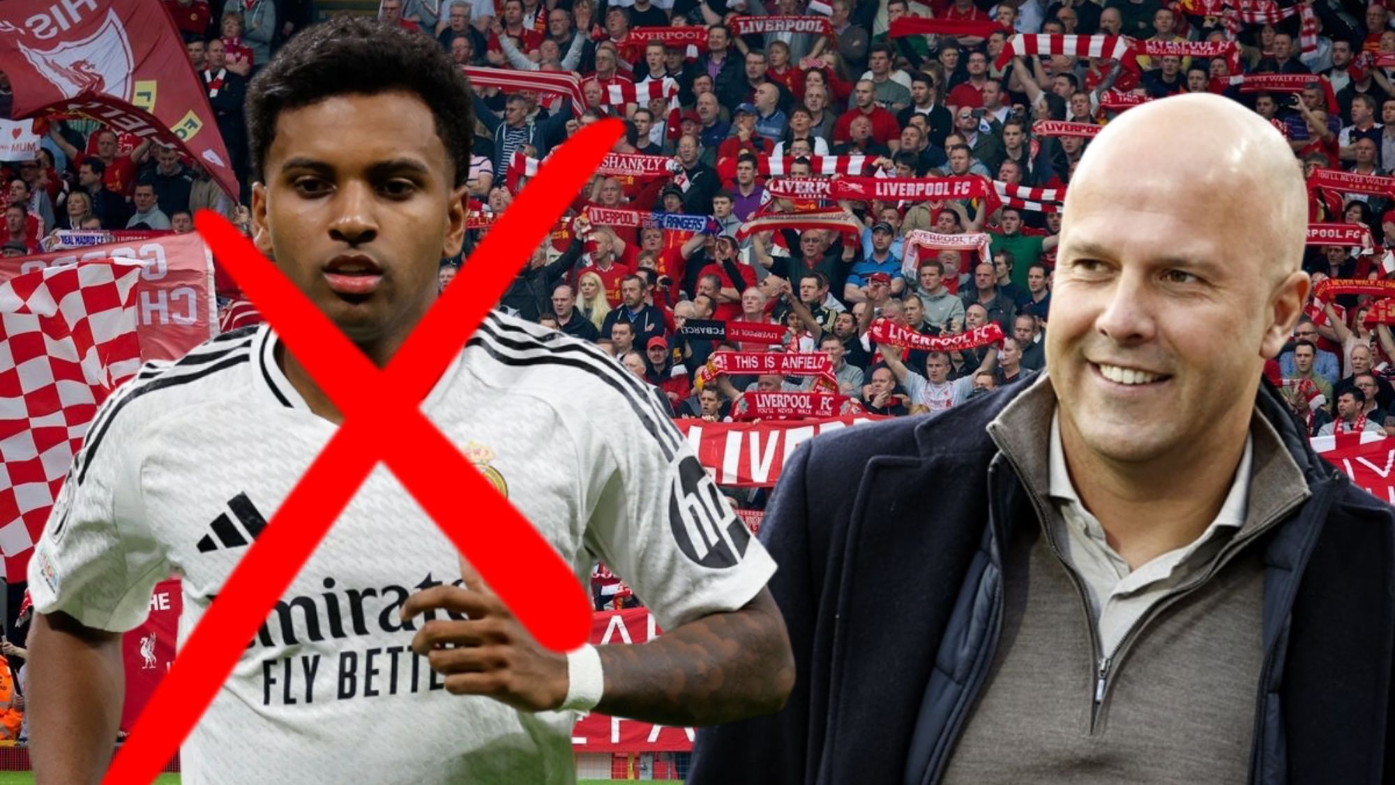 Rodrygo Goes y Arne Slot, entrenador del Liverpool.