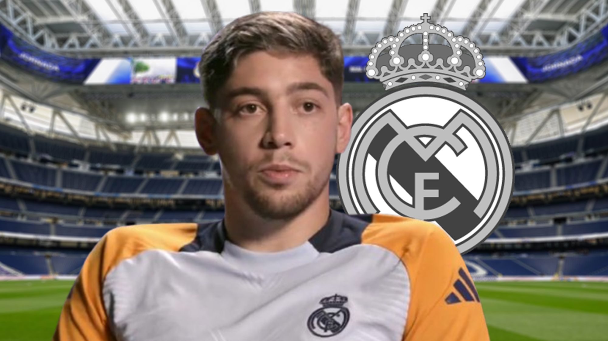 Fede Valverde junto a un escudo del Real Madrid en blanco y negro.