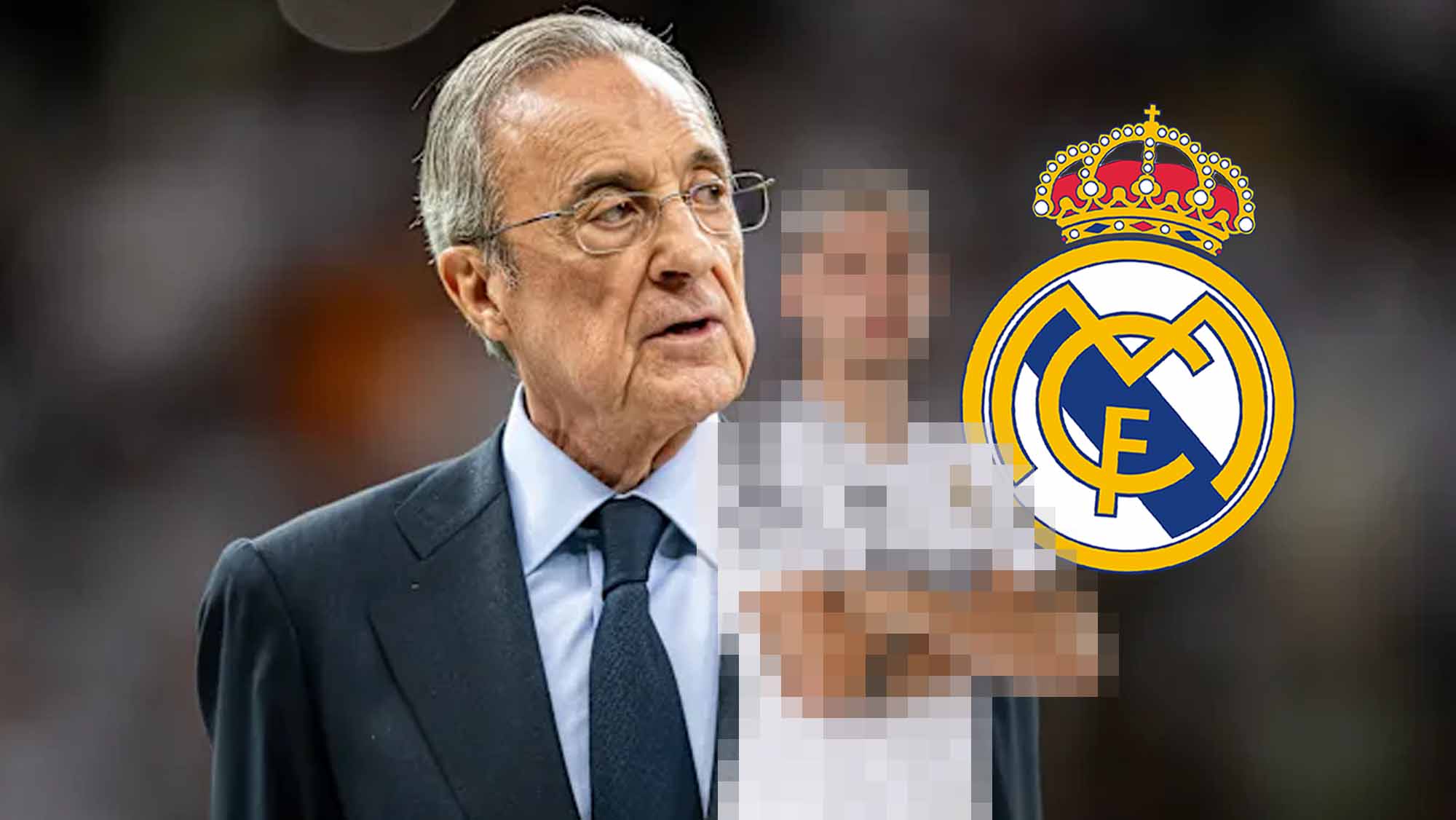 Florentino con jugador incógnito y escudo Real Madrid