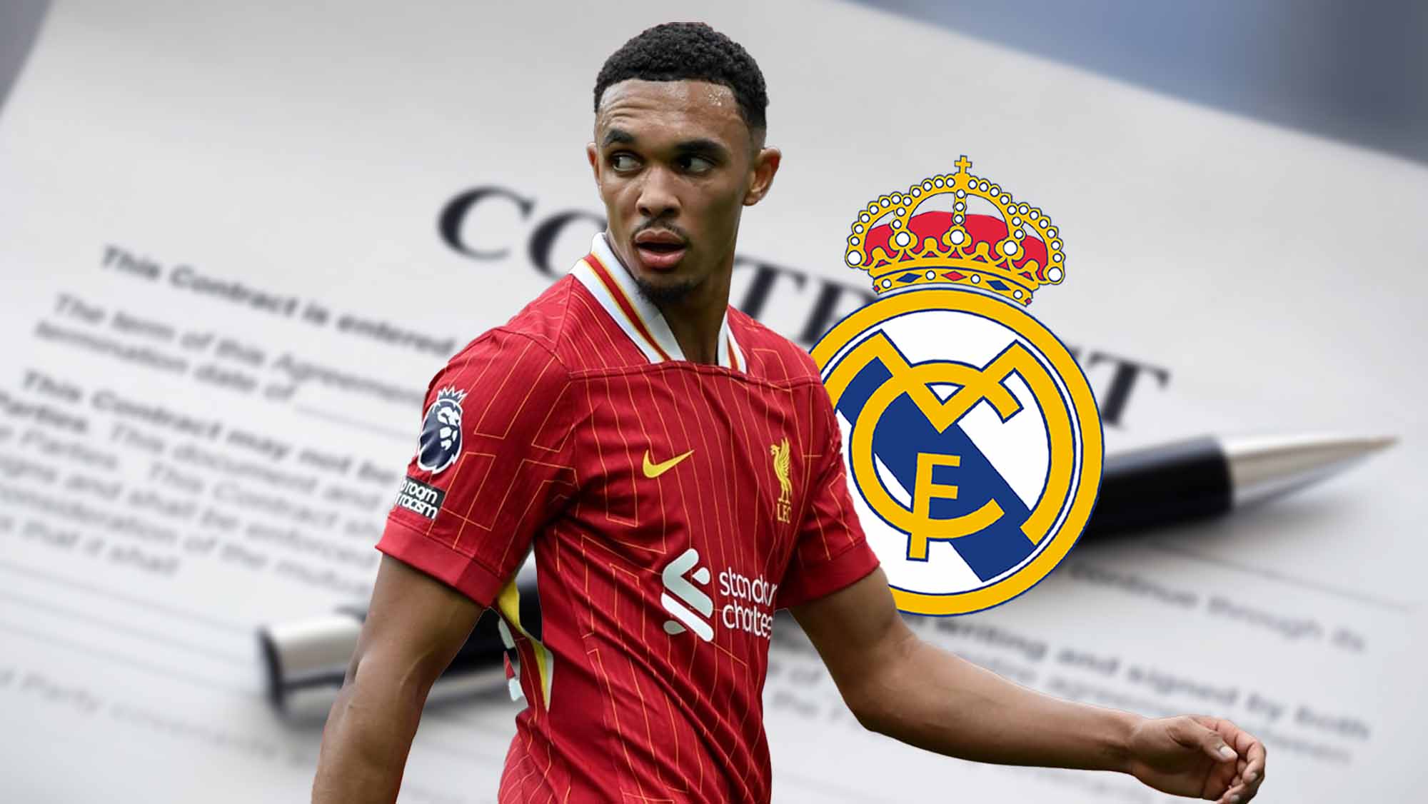 Trent Alexander Arnold con escudo Real Madrid y contrato detrás