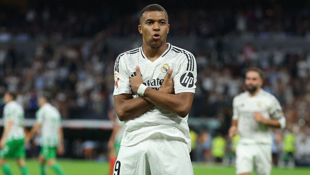 Kylian Mbappé celebrando un gol con el Real Madrid.