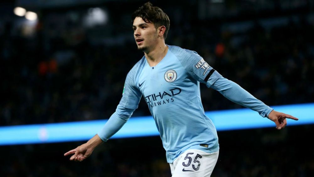 Brahim Díaz, en un partido con el Manchester City, celebra un gol en la Premier League.