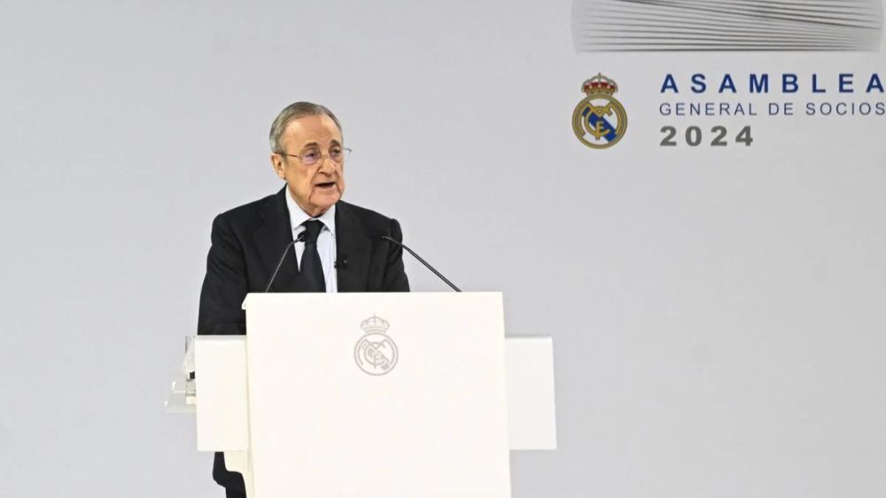 Florentino Pérez, en la Asamblea con los Socios del Real Madrid de este domingo.