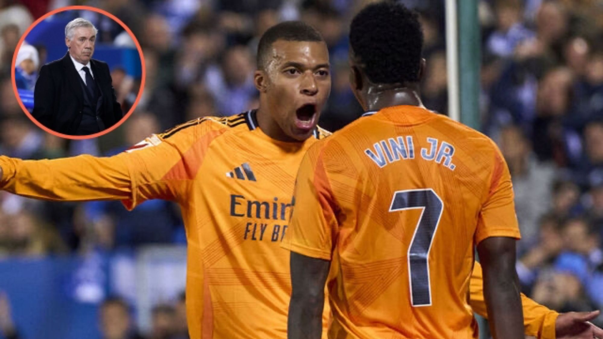 Kylian Mbappé y Vinicius Junior, celebrando el gol del primero contra el Leganés, que llegó a pase del segundo.