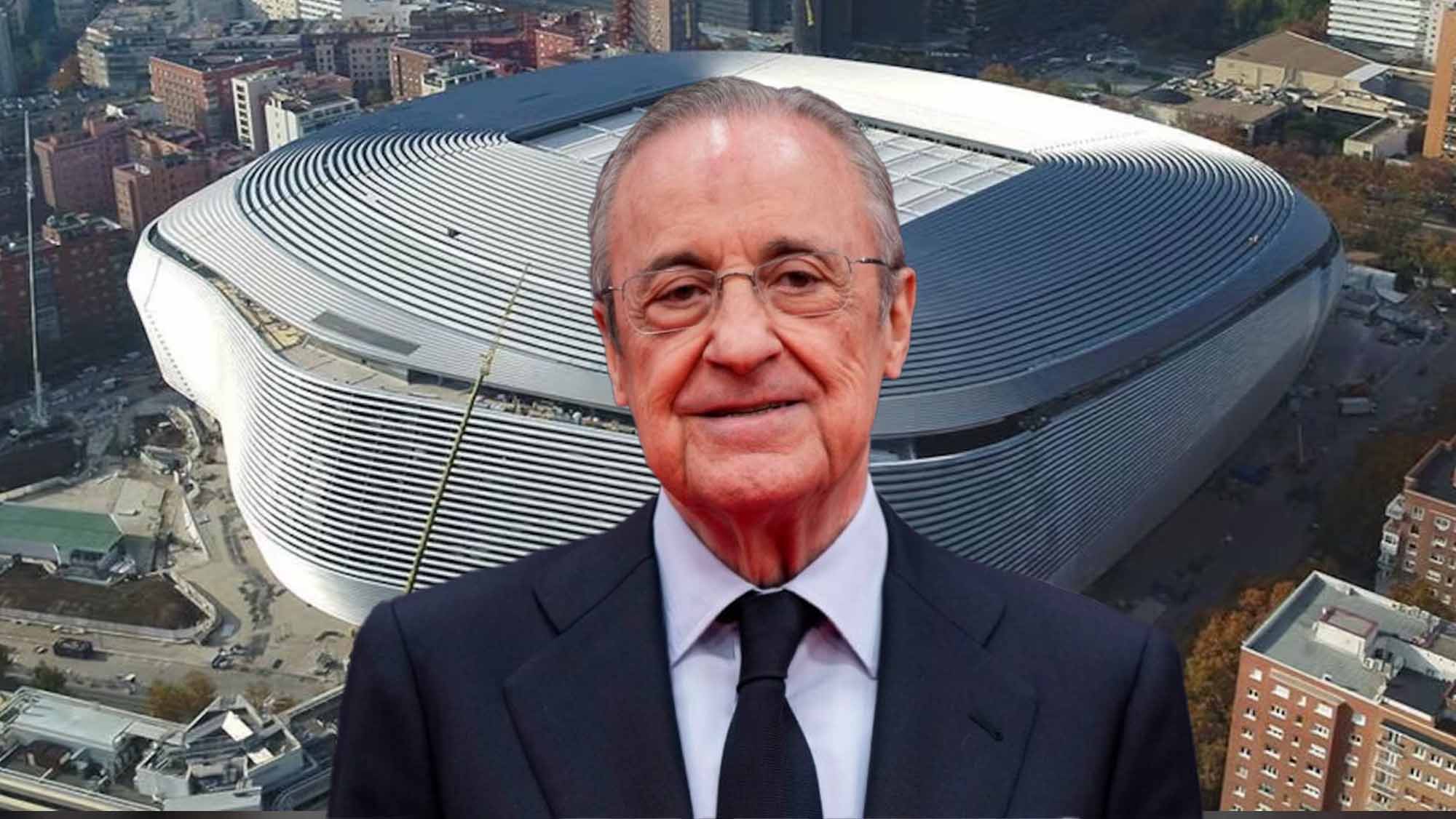 Florentino Pérez sonriente con el Santiago Bernabéu detrás