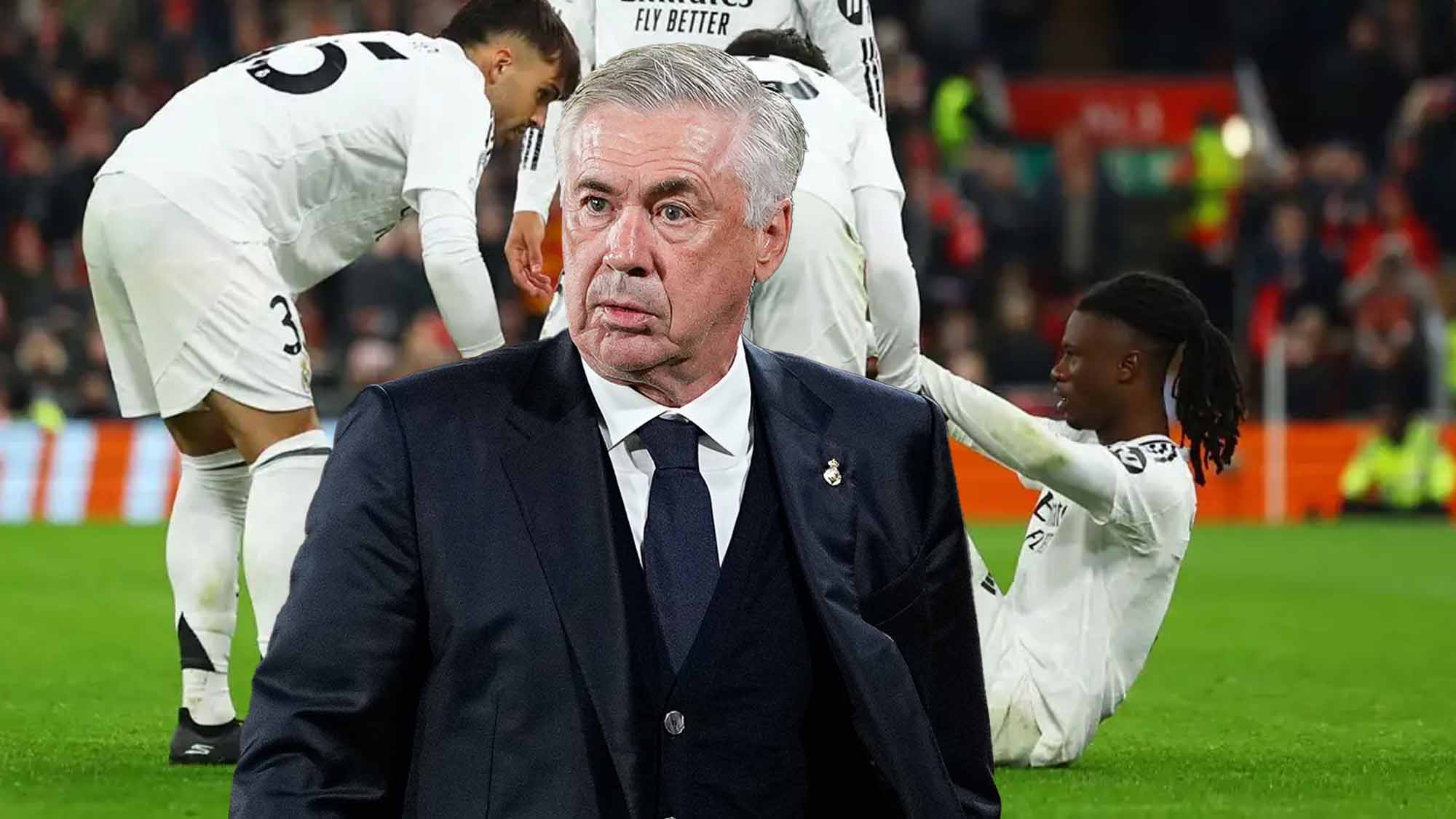 Ancelotti serio con lesión de Camavinga de fondo