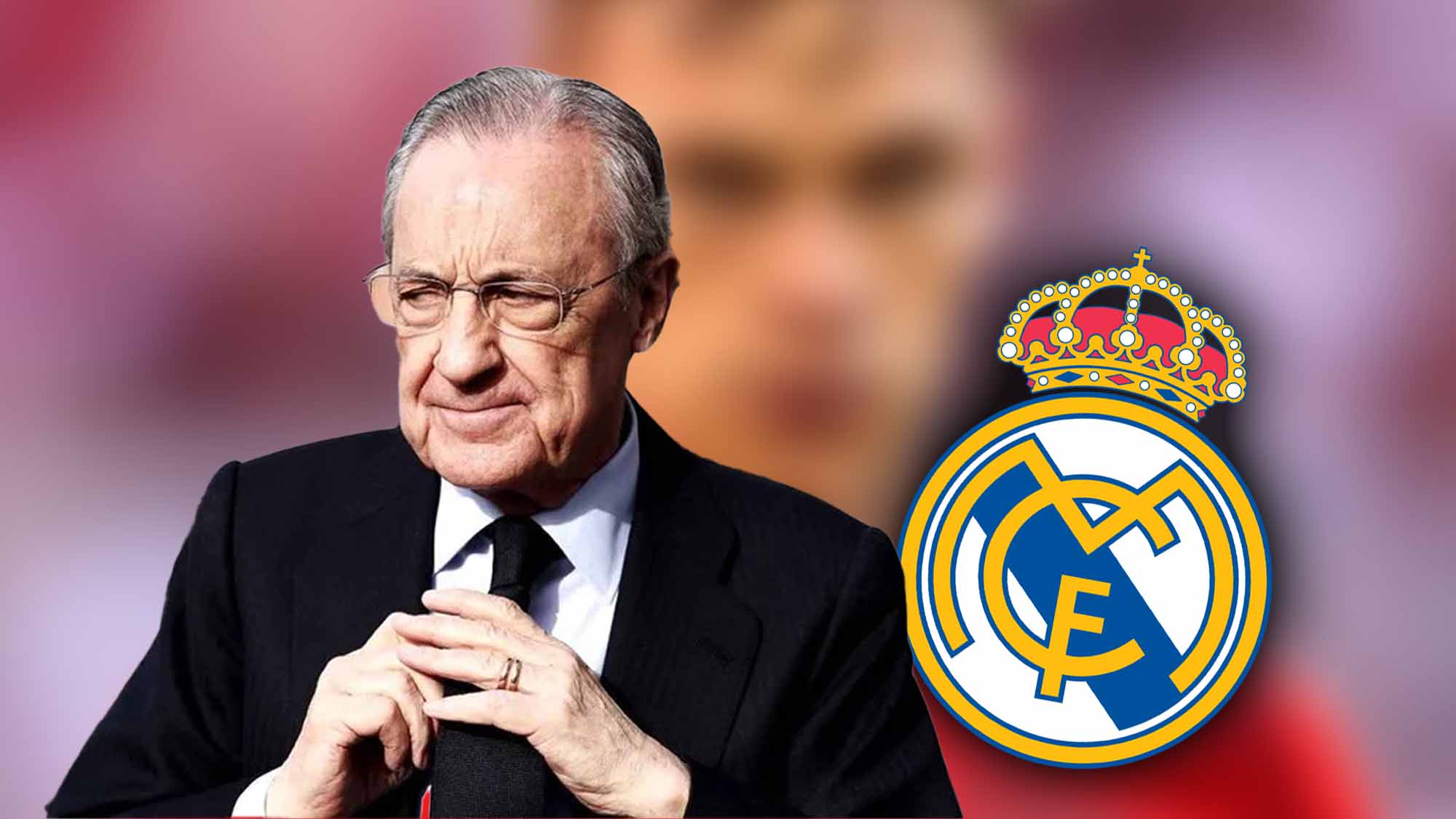 Florentino serio con escudo Real Madrid y jugador oculto de fondo