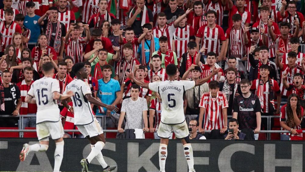 Jude Bellingham, celebrando su gol en San Mamés la temporada pasada, en el triunfo del Madrid ante el Athletic (0-2).