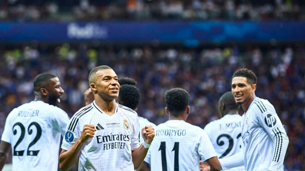 Kylian Mbappé, celebrando su primer gol con el Madrid ante la Atalanta, en la Supercopa de Europa jugada el pasado mes de agosto.