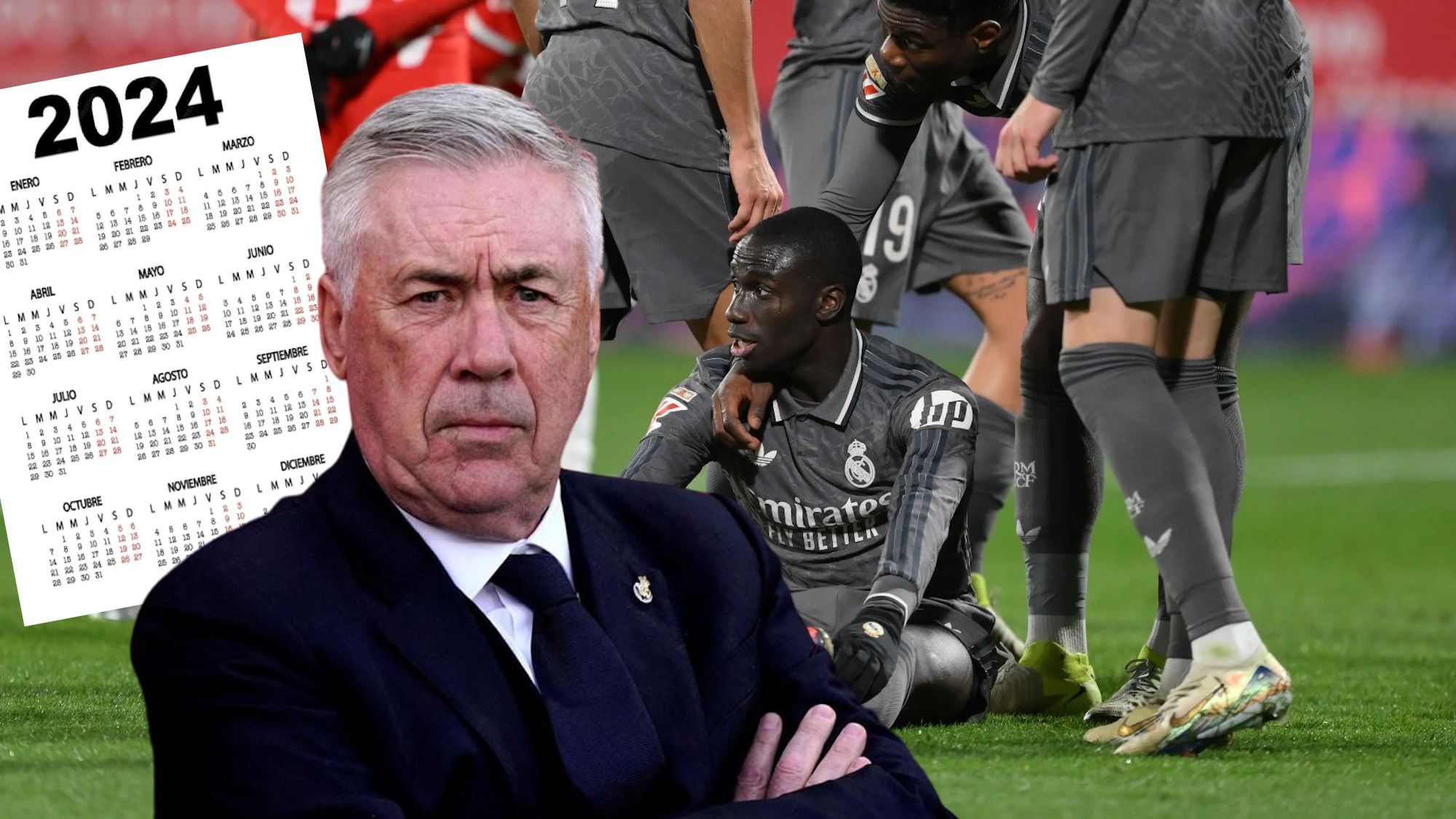 Carlo Ancelotti delante de un calendario y Mendy lesionado ayer