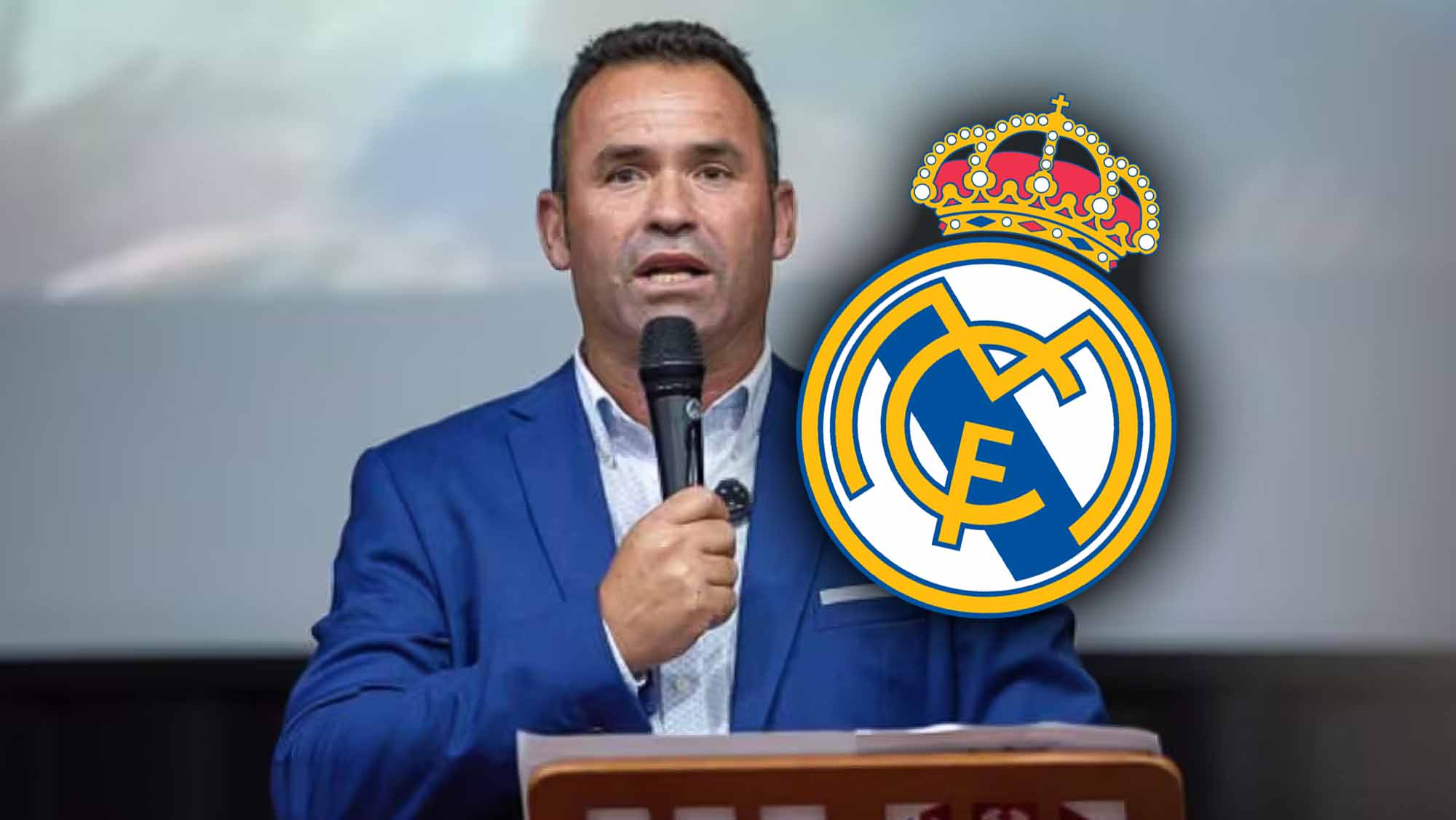 Presidente del Deportiva Minera con escudo Real Madrid