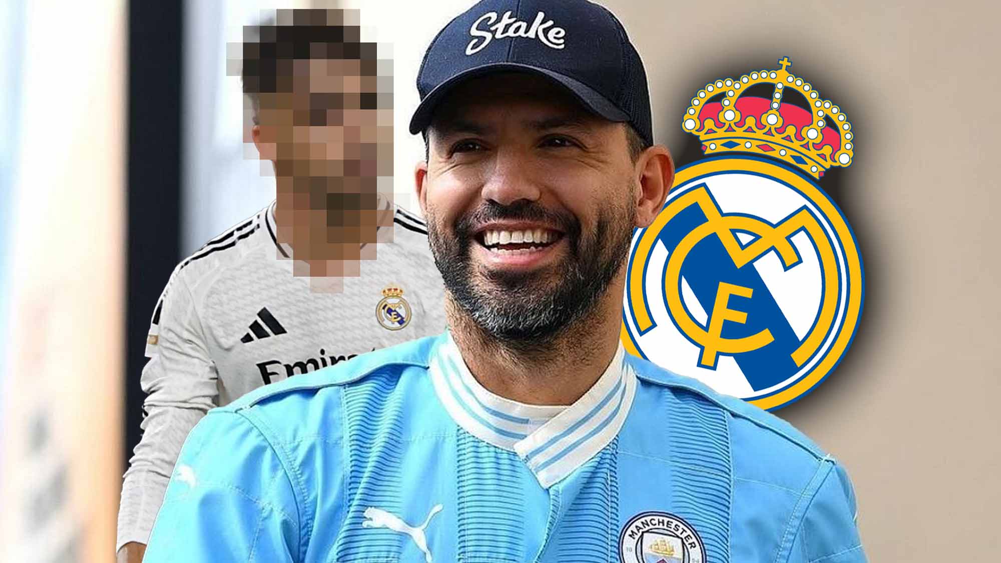 Kun Agüero sonriendo con jugador de incógnito y escudo Real Madrid