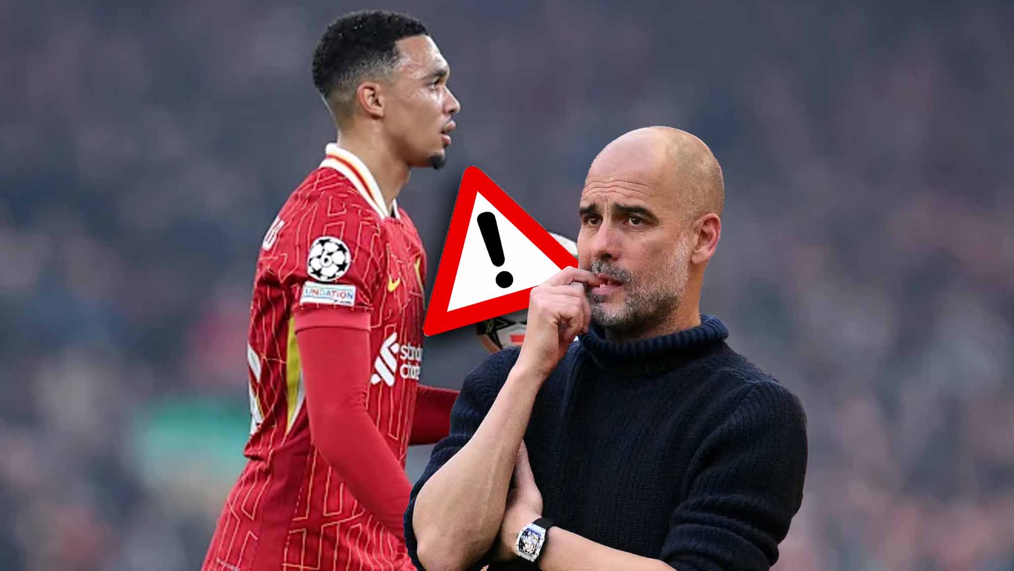 Alexander Arnold con señal de alerta y Guardiola nervioso