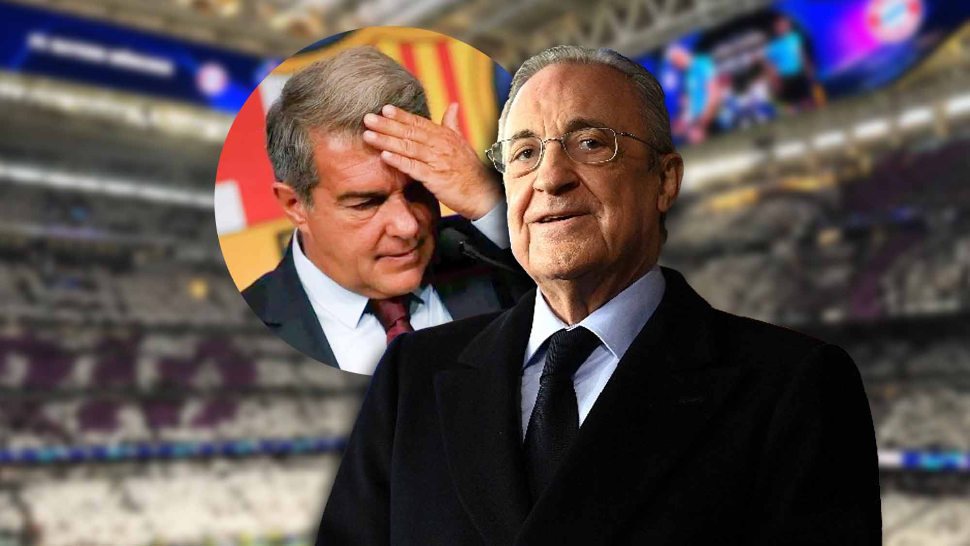 Florentino sonriente con Laporta preocupado