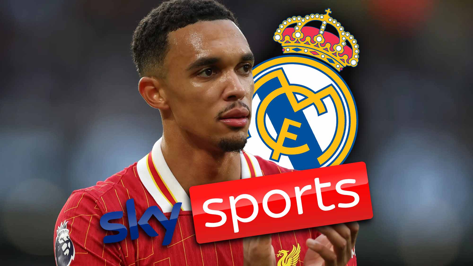 Alexander Arnold con logo de Sky Sport y escudo Real Madrid