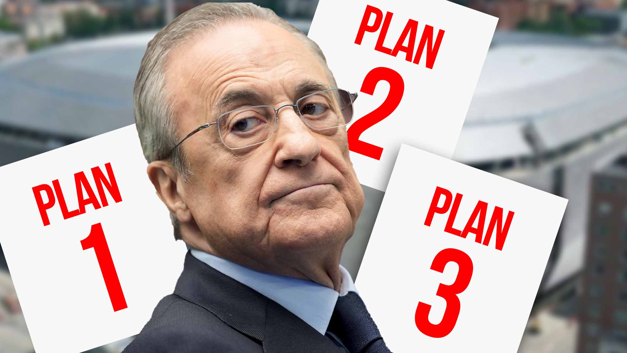 Florentino serio con 3 hojas con planes detrás