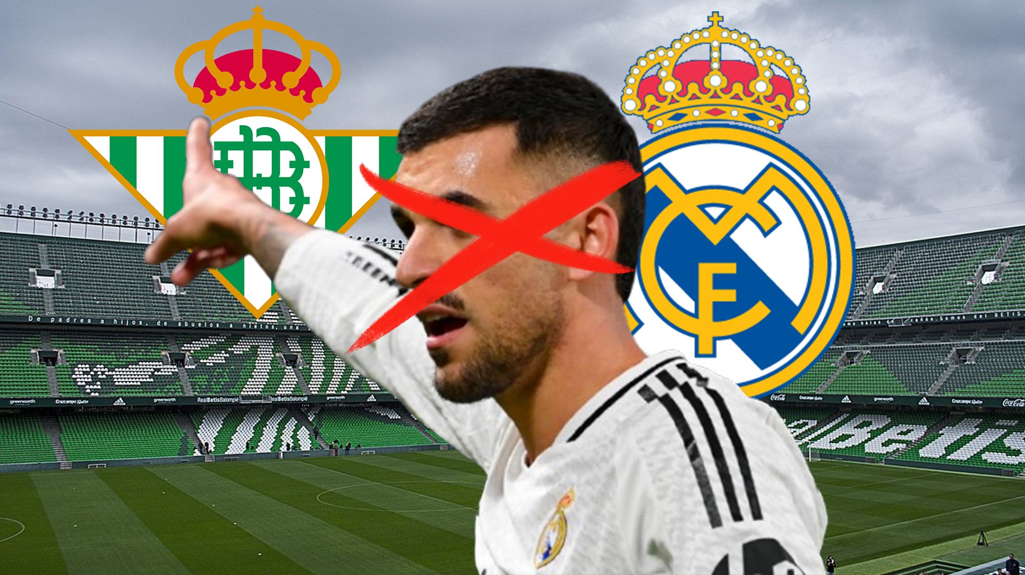 Dani Ceballos, tachado junto a los escudos del Betis y el Real Madrid.