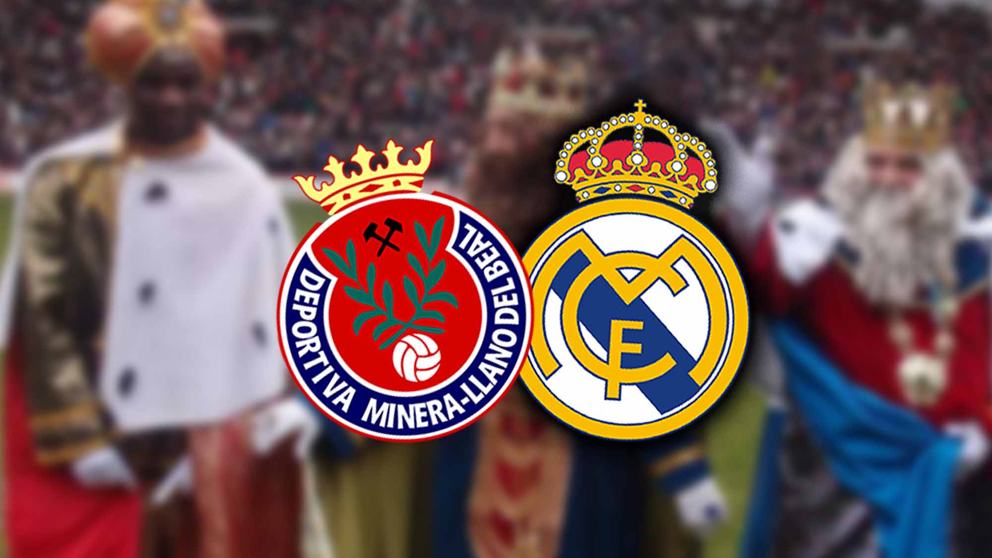 Escudos Deportiva Minera y Real Madrid con fondo de Reyes Magos