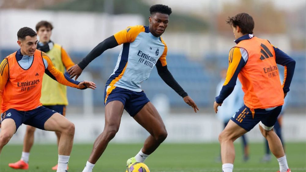 Aurelién Tchoaumeni, en un entrenamiento con el Real Madrid, en la Ciudad Deportiva de Valdebebas.