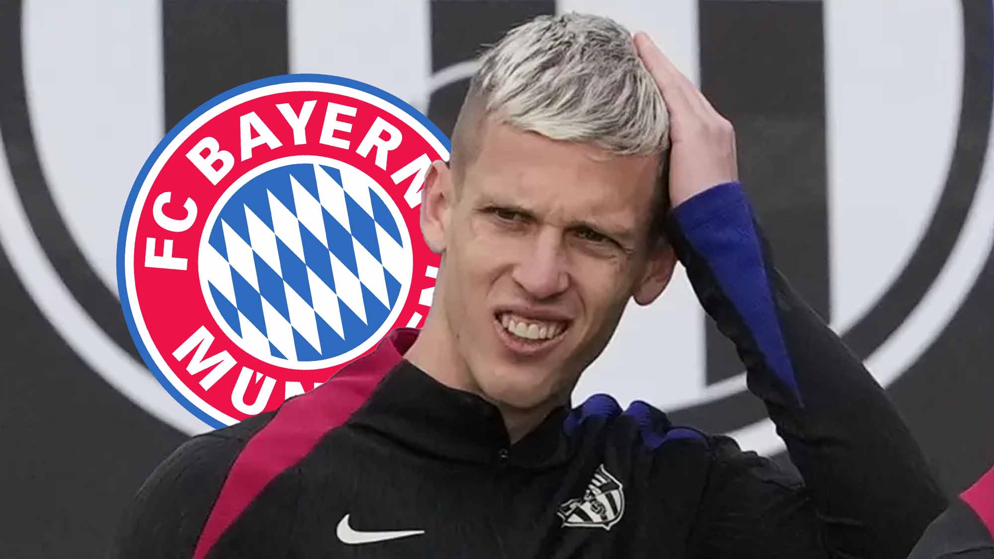 Dani Olmo preocupado con escudo Bayern