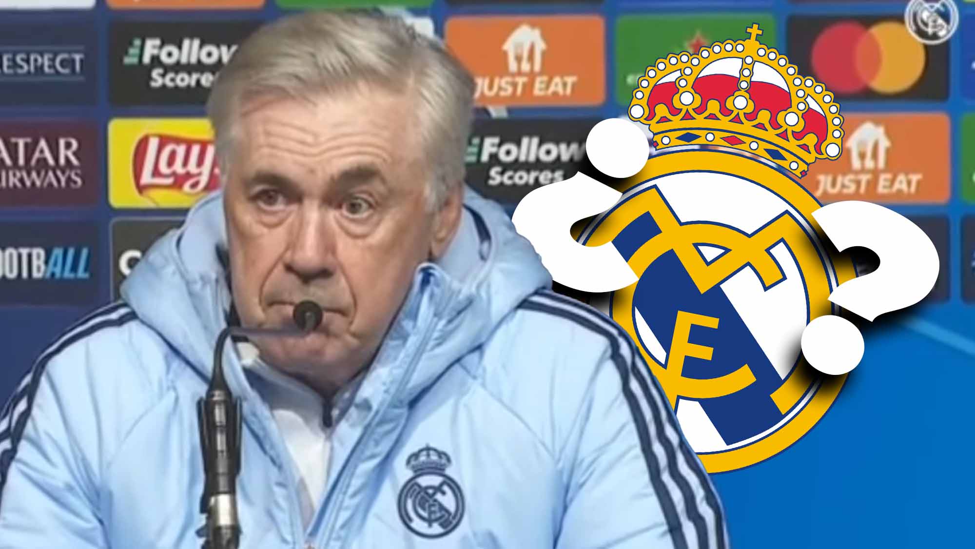 Ancelotti en rueda de prensa con escudo RM y signos de interrogacion