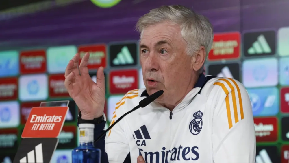 Carlo Ancelotti en una rueda de prensa con el Real Madrid. 