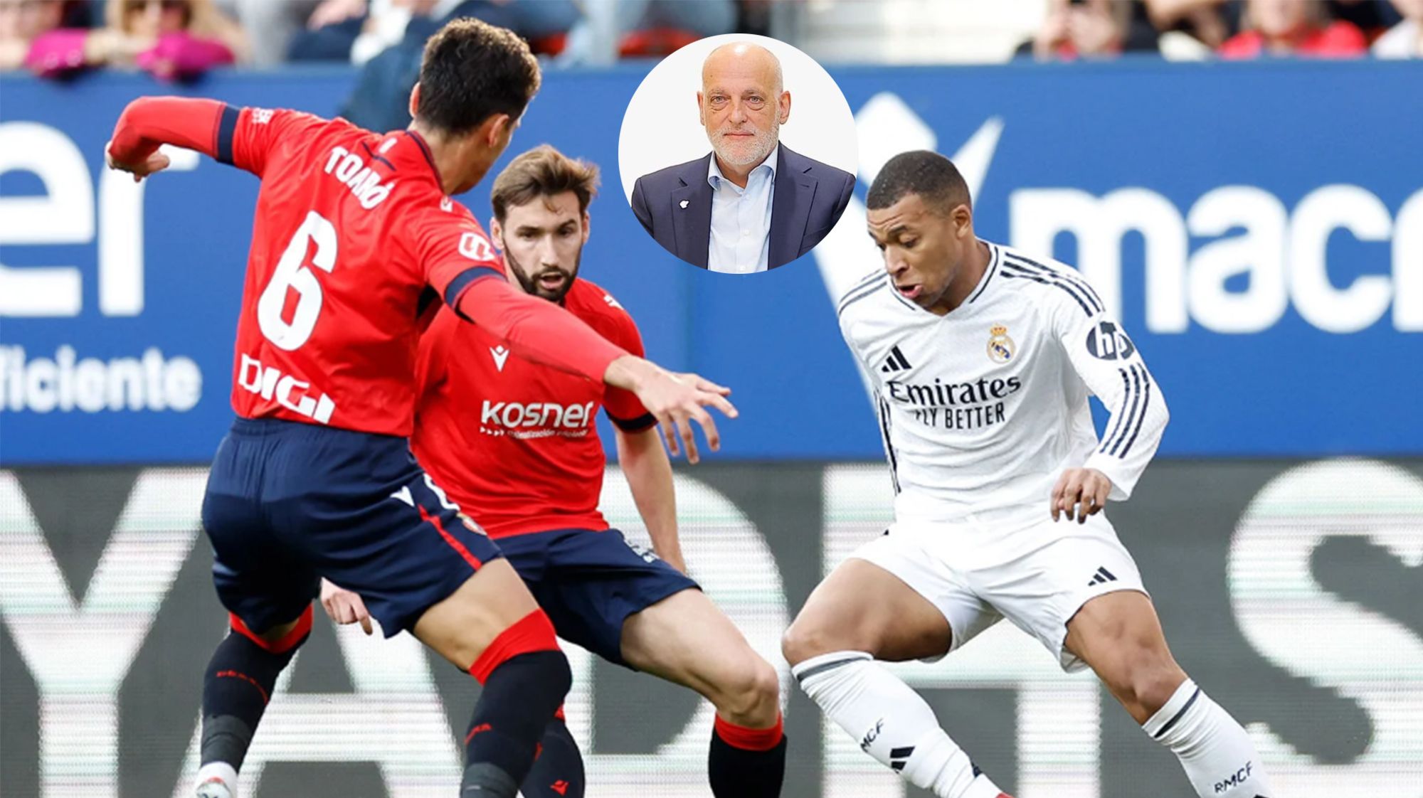 Kylian Mbappé jugando contra el Osasuna y una foto de Javier Tebas. 